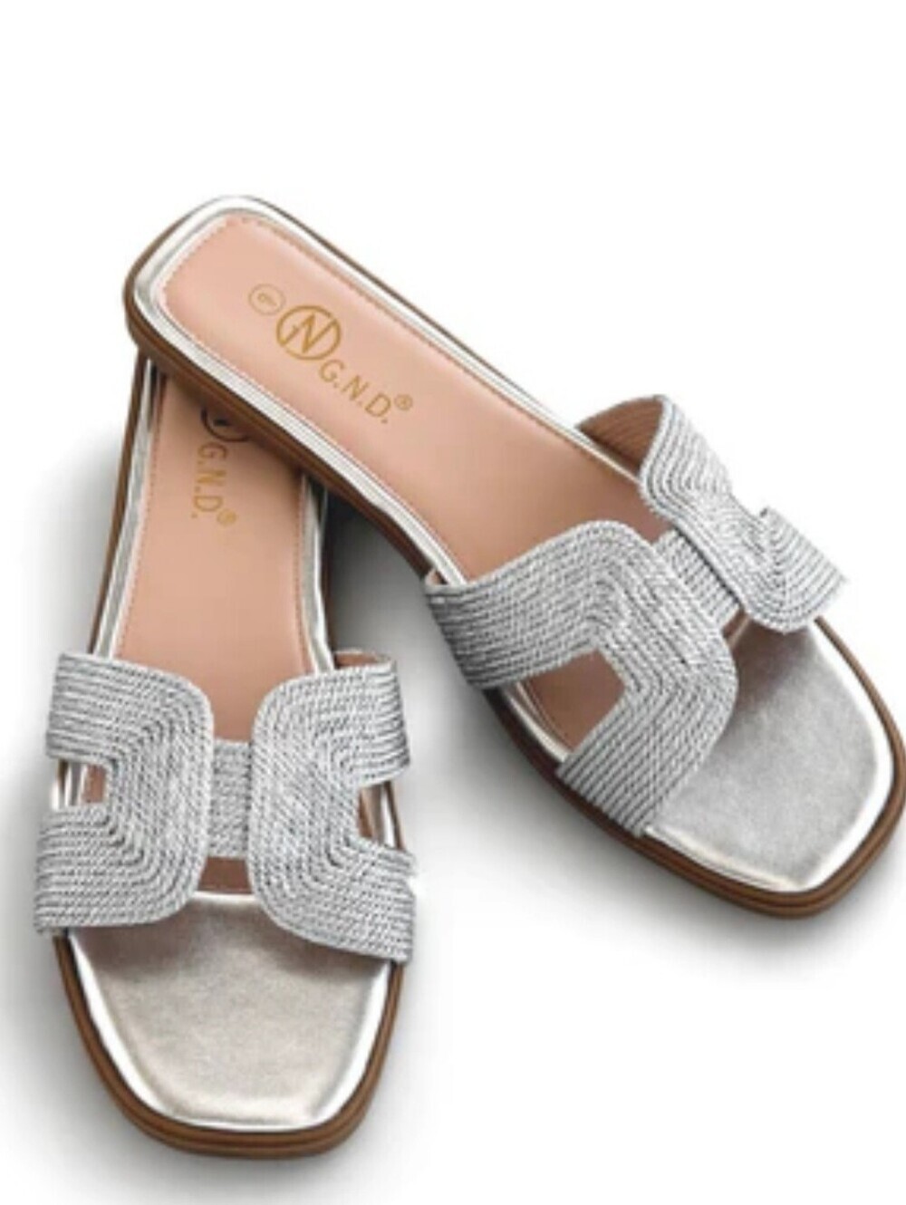 G.N.D. Coastal Chic Metallic Silver H-Strap Flat Slide On Sandals 8